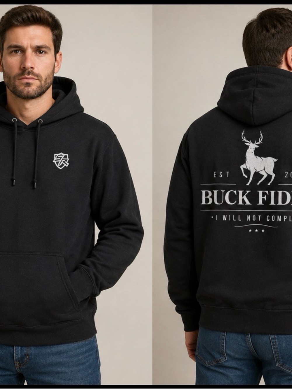 Shield Republic Buck Fiden black graphic hoodie deer buck patriotic politic SZ S